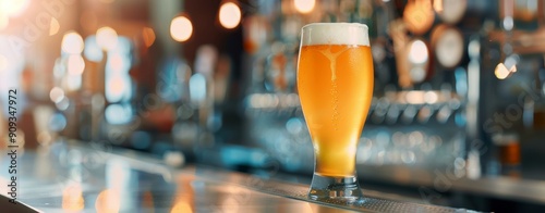 Golden Beer Glass Reflecting Warm Bar Lighting in Evening Hours