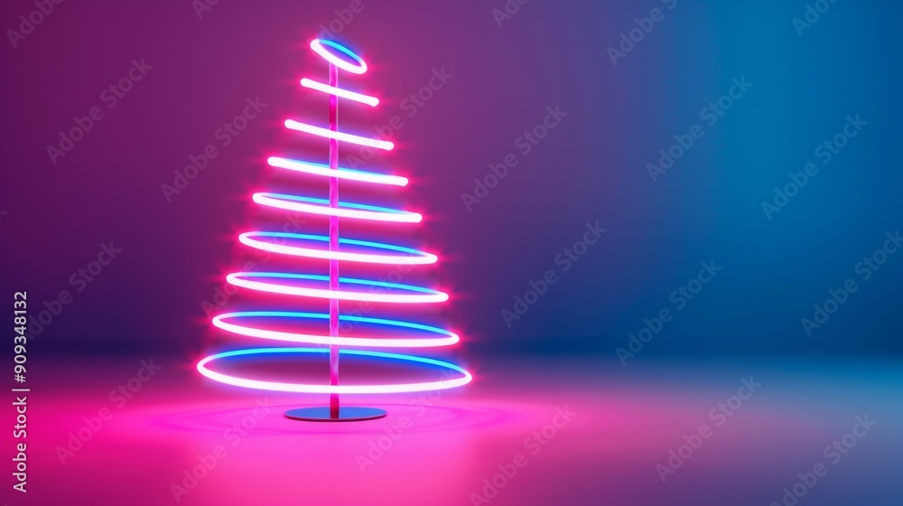 Fotografie Futuristic Christmas tree with layered neon spirals, gradient background transit