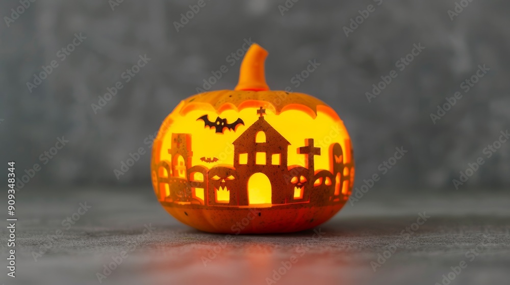 Φωτογραφία Halloween pumpkin crafted from miniature zombies, tombstones, and eerie fog, glo