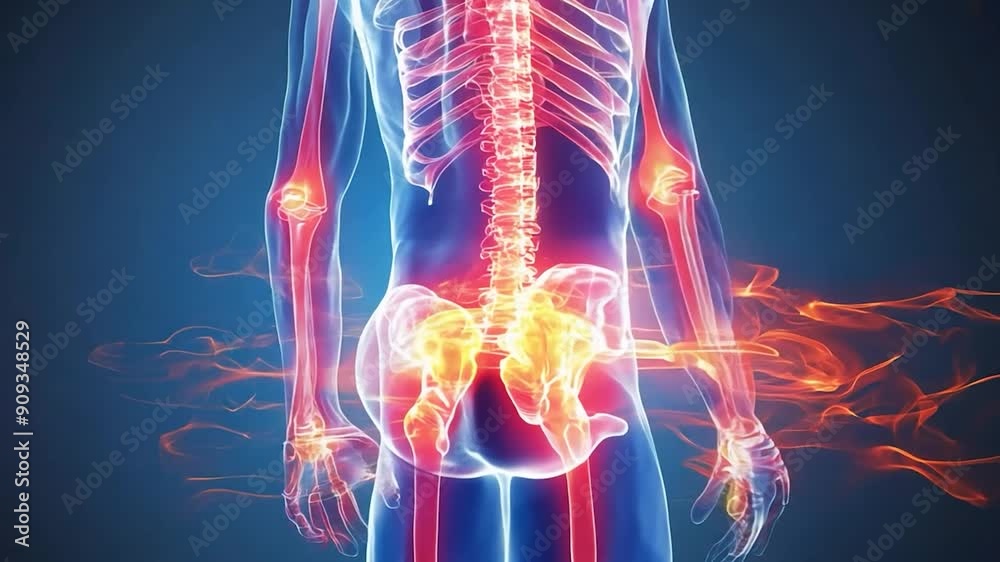 A vibrant anatomical representation showcases the spine and pelvis ...