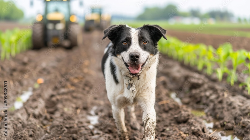 Happy dog covered in dirt, walking on a muddy path through a farm field, with tractors in the background Happy dog covered in dirt, walking on a muddy path through a farm field, with tractors in the background
