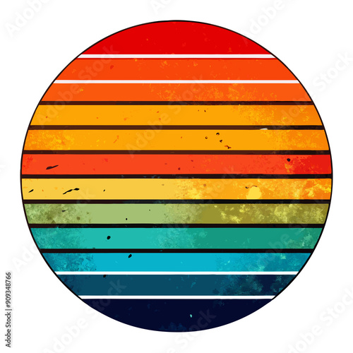 A circular design grunge  with horizontal stripes  of a sunset. photo