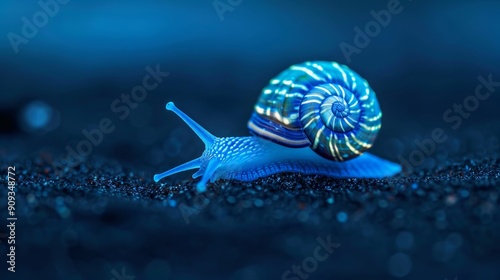 Macro shot of a tiny, bioluminescent sea snail with a glowing shell and intricate, swirling patterns, crawling on a dark, sandy surface 