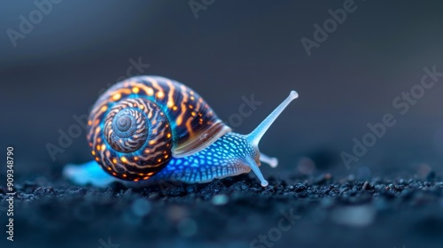 Macro shot of a tiny, bioluminescent sea snail with a glowing shell and intricate, swirling patterns, crawling on a dark, sandy surface 