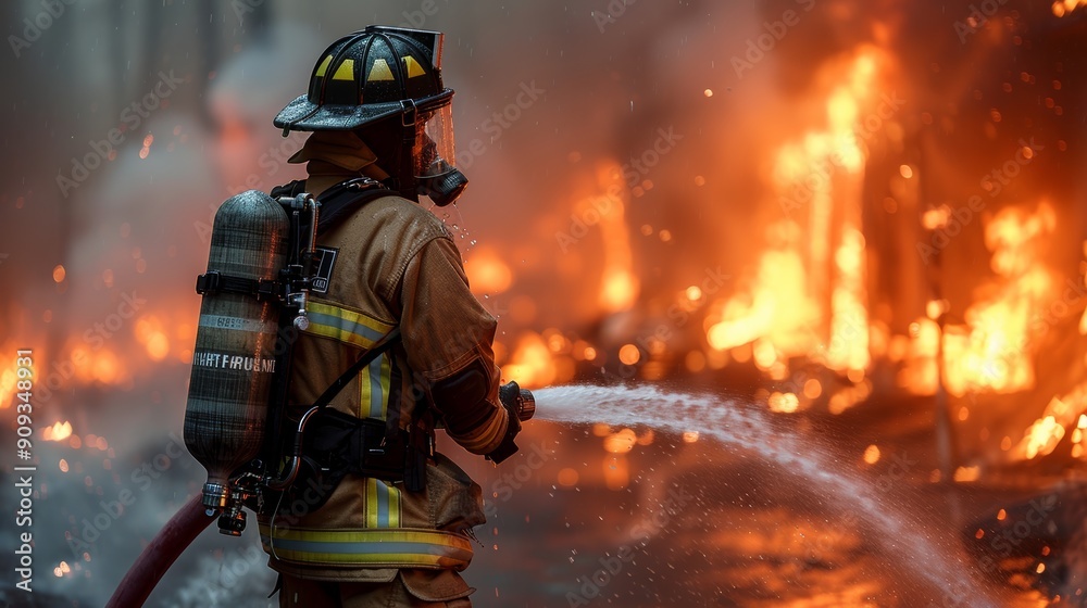 Fototapeta premium Brave Firefighter Battling Intense Blaze in Urban Area During Daytime Emergency Response