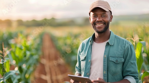 Farmer Using Tablet in Cornfield During Golden Hour Light