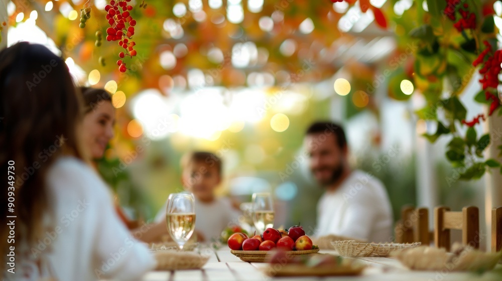 Wide-angle view of a family dining in a beautifully decorated sukkah with fruits and autumn leaves hanging from the roof Wide-angle view of a family dining in a beautifully decorated sukkah with fruits and autumn leaves hanging from the roof