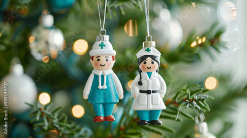 Wide angle of a vintage Christmas tree adorned with retro ornaments of doctors and nurses, nostalgic charm  photo