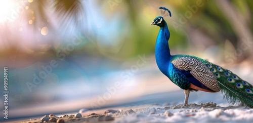 Peacock Strolling Along the Shoreline at Sunset on a Tropical Beach