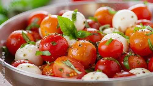 Fresh Cherry Tomato and Mozzarella Salad With Basil in a White Bowl