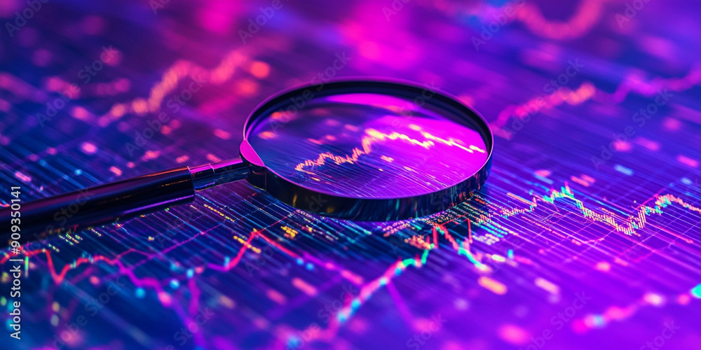 Φωτογραφία Close-up of magnifying glass over colorful stock market graph against a purple b