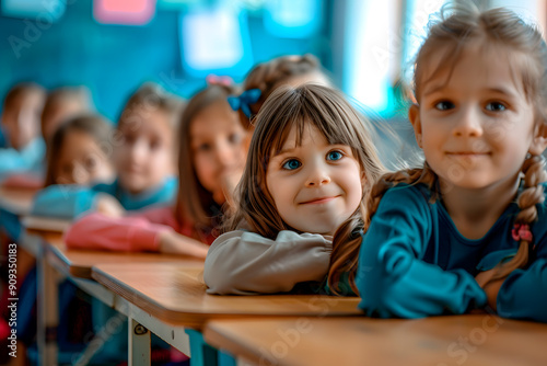 Group of young, smiling primary school children sitting at desks in a brightly lit classroom, eager and ready to learn