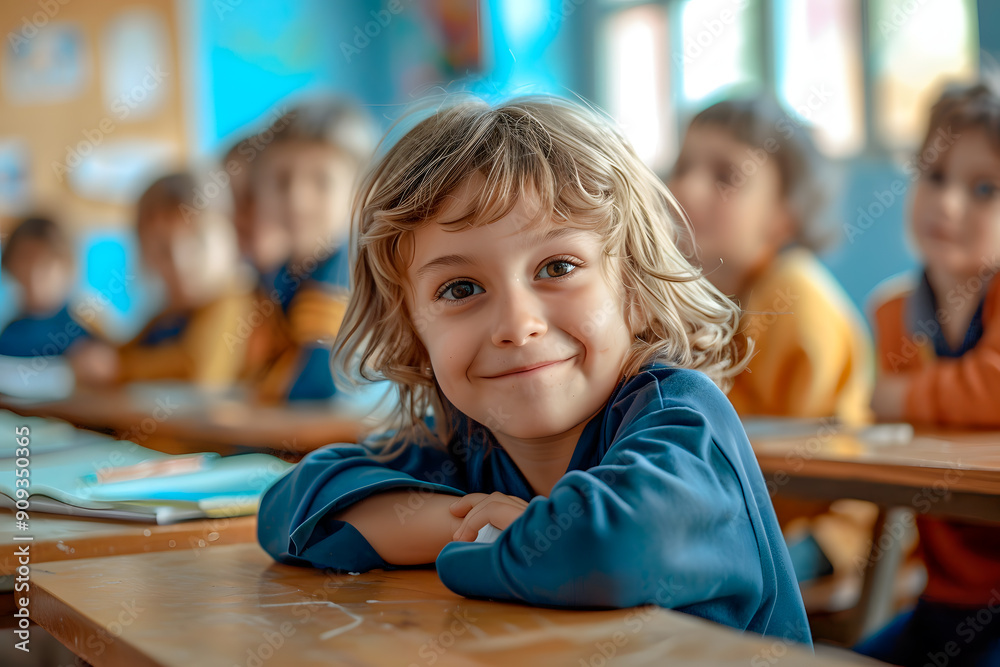 Group of young, smiling primary school children sitting at desks in a brightly lit classroom, eager and ready to learn Group of young, smiling primary school children sitting at desks in a brightly lit classroom, eager and ready to learn