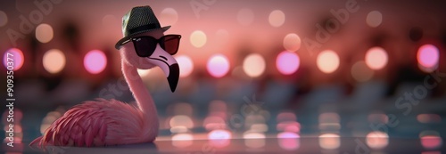 Flamingo in Sunglasses and Hat Against Colorful Background at Night