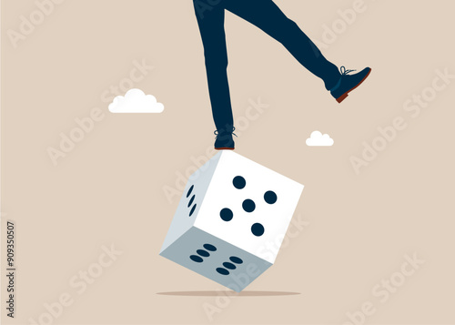 Crisis monetary policy number below zero growth. Greedy investor tries to balance himself by rolling unstable dice. Possibility of losing money. Flat vector illustration