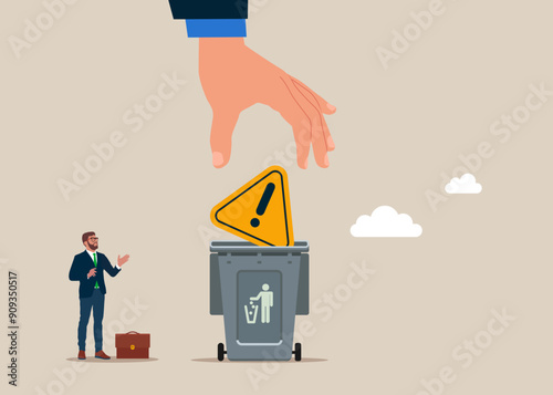 Businessman throw question mark into the waste basket. Incident management, root cause analysis or solving problem, identify risk or critical failure concept.
