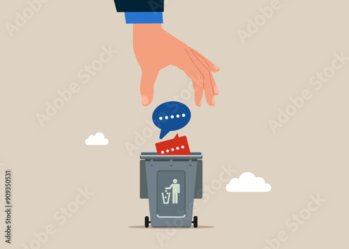 Frustrated businessman throw messages into the waste basket. Block unwanted messages, filter messages from unknown senders. Flat vector illustration.