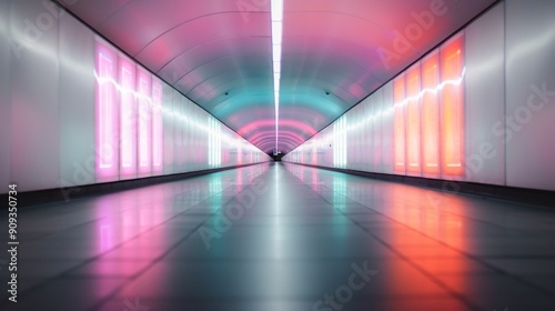 Colorful Modern Tunnel With Neon Lights in Urban Setting at Night Time