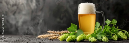 Freshly Brewed Beer With Hops and Barley on Rustic Wooden Table
