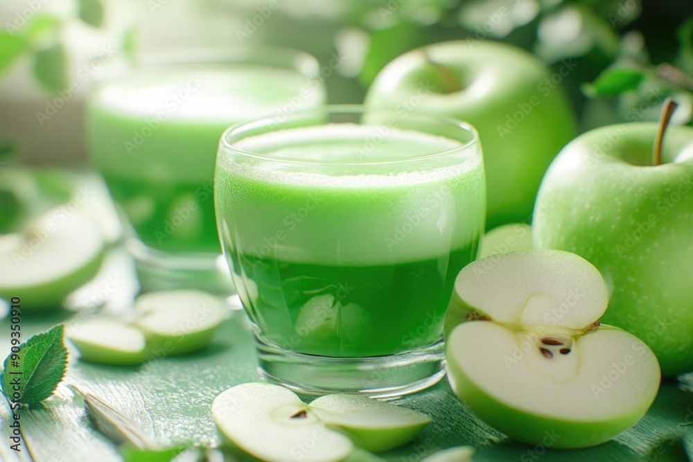 Refreshing Green Apple Juice in Glass with Fresh Apples on a Wooden Table