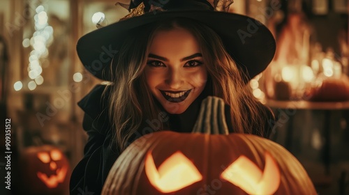 Happy woman in witch costume peeking out from behind Halloween pumpkin