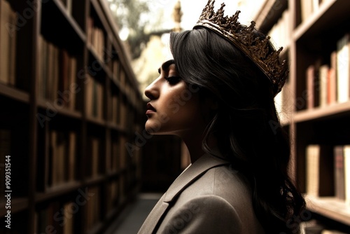 Elegantly Crowned Woman in Library - Royalty, Beauty, Knowledge, Sophistication, Queen photo