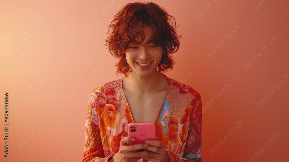 Young Person Enjoying Time on Smartphone While Smiling at Colorful Wall in Brightly Lit Room Young Person Enjoying Time on Smartphone While Smiling at Colorful Wall in Brightly Lit Room