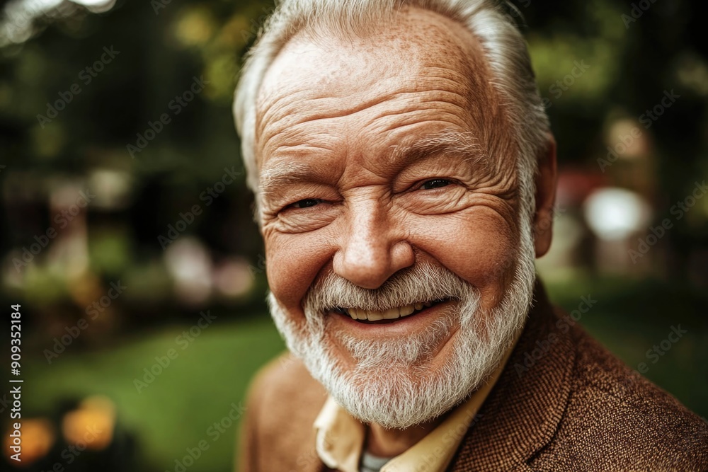 Joyful Senior Man with a White Beard Smiling Outdoors in a Garden Setting Joyful Senior Man with a White Beard Smiling Outdoors in a Garden Setting
