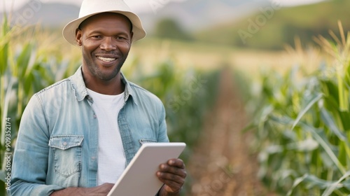 Farmer Using Tablet in Cornfield During Golden Hour Light