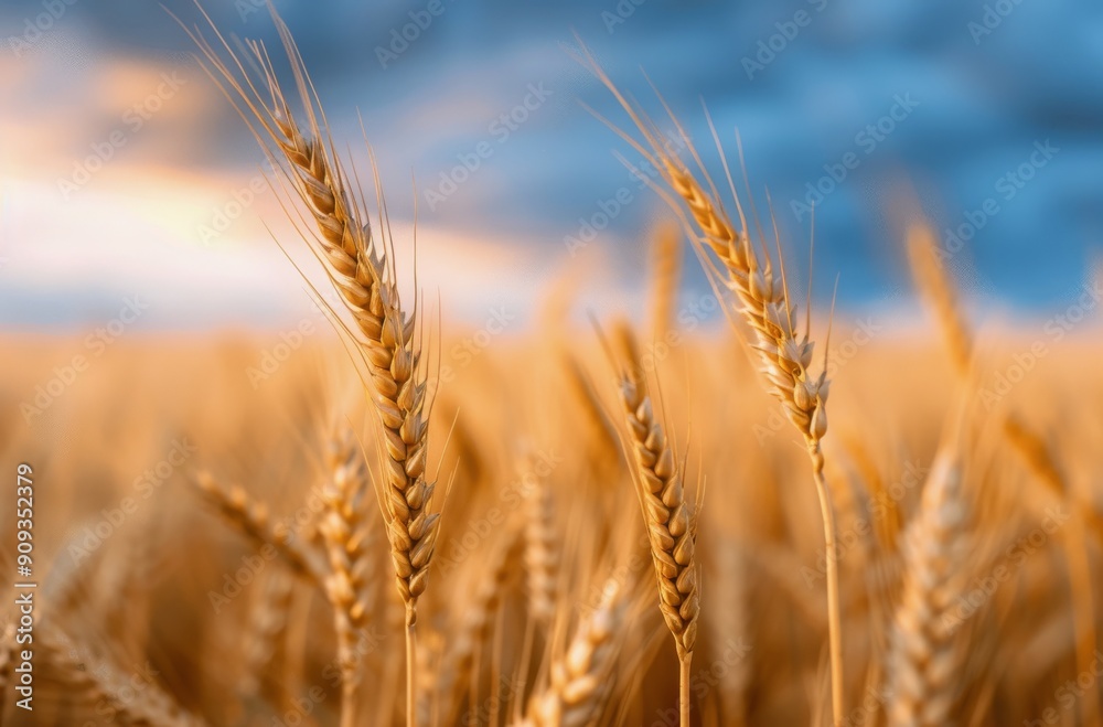Golden Wheat Field Under Dramatic Cloudy Sky at Dusk Golden Wheat Field Under Dramatic Cloudy Sky at Dusk