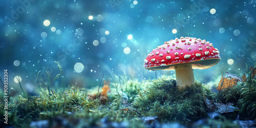 Wallpaper Mural Red mushroom on green grass in a blue forest with sparkling stars, in a fantasy background Torontodigital.ca