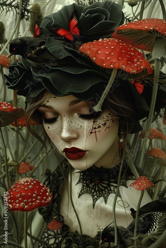 Enchanted Forest Portrait with a Woman and Mushrooms