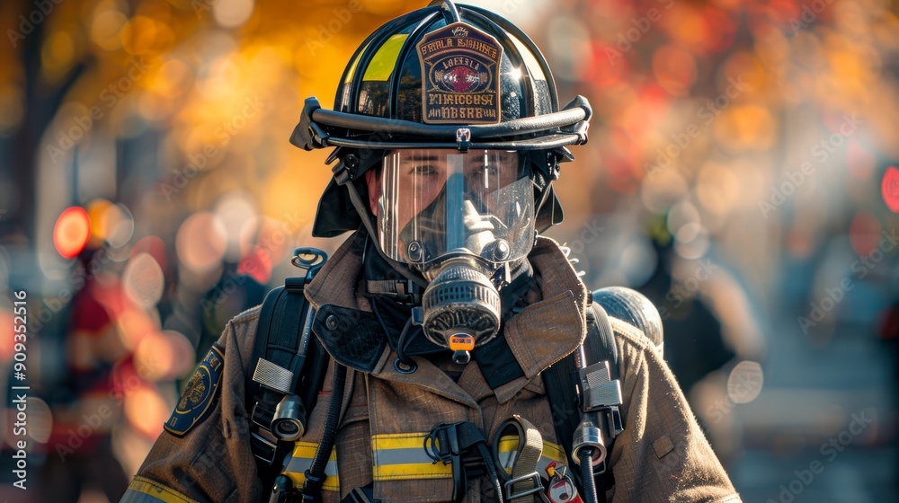 Dedicated Firefighter Wearing Protective Gear During Emergency Response in Urban Environment Dedicated Firefighter Wearing Protective Gear During Emergency Response in Urban Environment
