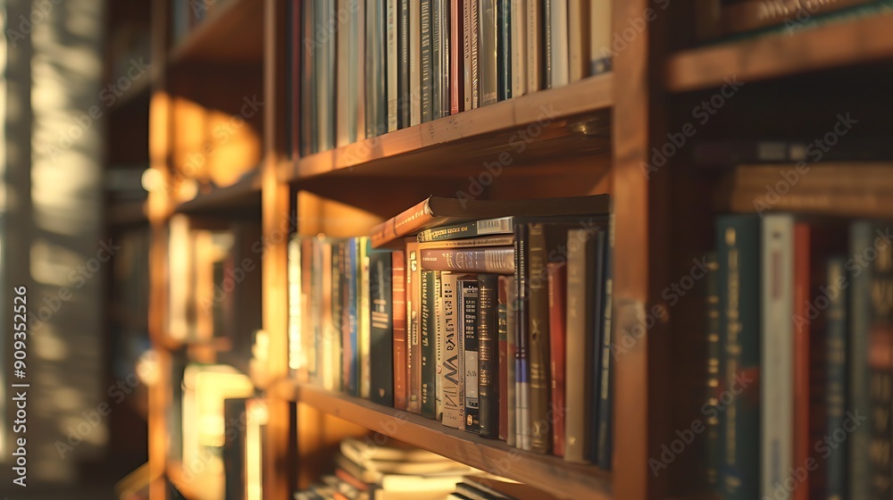 Wooden bookcase filled with blurred books in a home setting