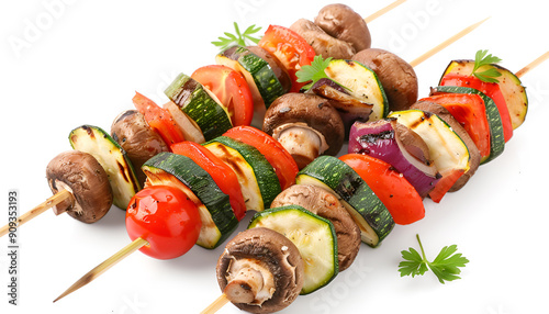 Delicious shish kebabs with mushrooms, tomato and zucchini isolated on white