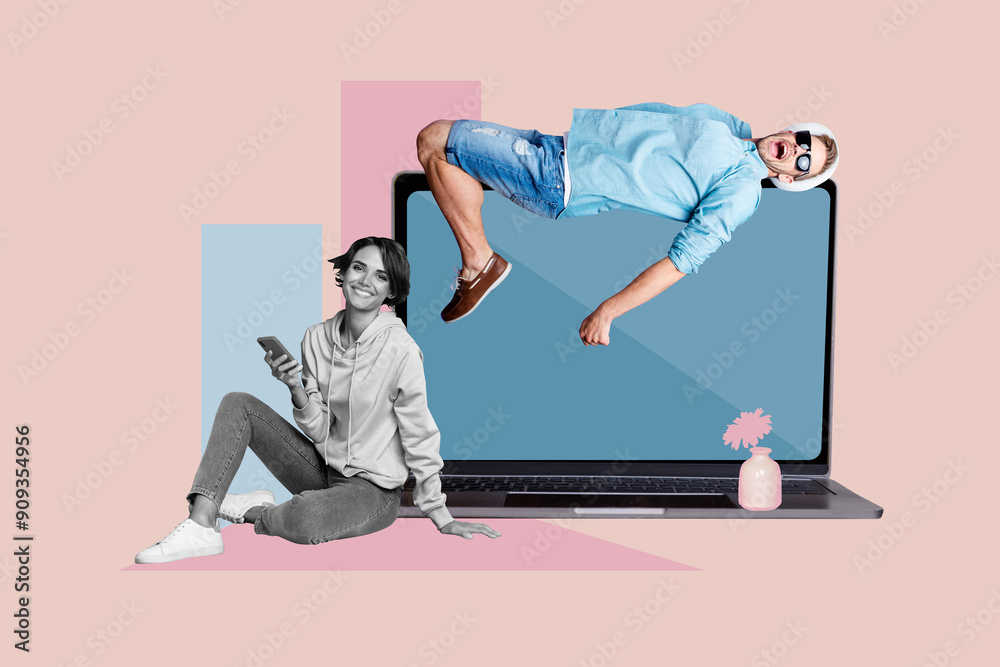 Fotografie Creative image laptop digital device lying man laughter smile remote work gadget