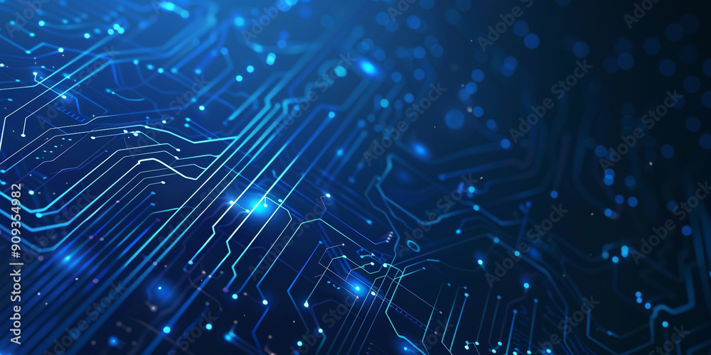 Fototapeta premium Blue background with circuit board and glowing lights, symbolizing technology in the digital age