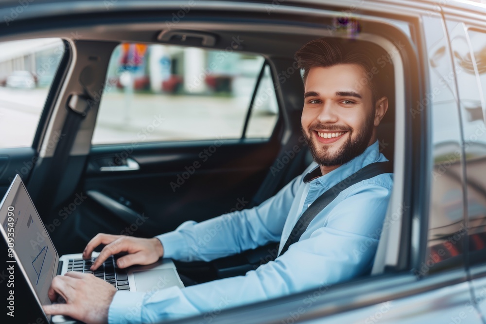 transport, business and communication concept - smiling male passenger or businessman using smartphone on back seat of taxi car. Beautiful simple AI generated image in 4K, unique. transport, business and communication concept - smiling male passenger or businessman using smartphone on back seat of taxi car. Beautiful simple AI generated image in 4K, unique.