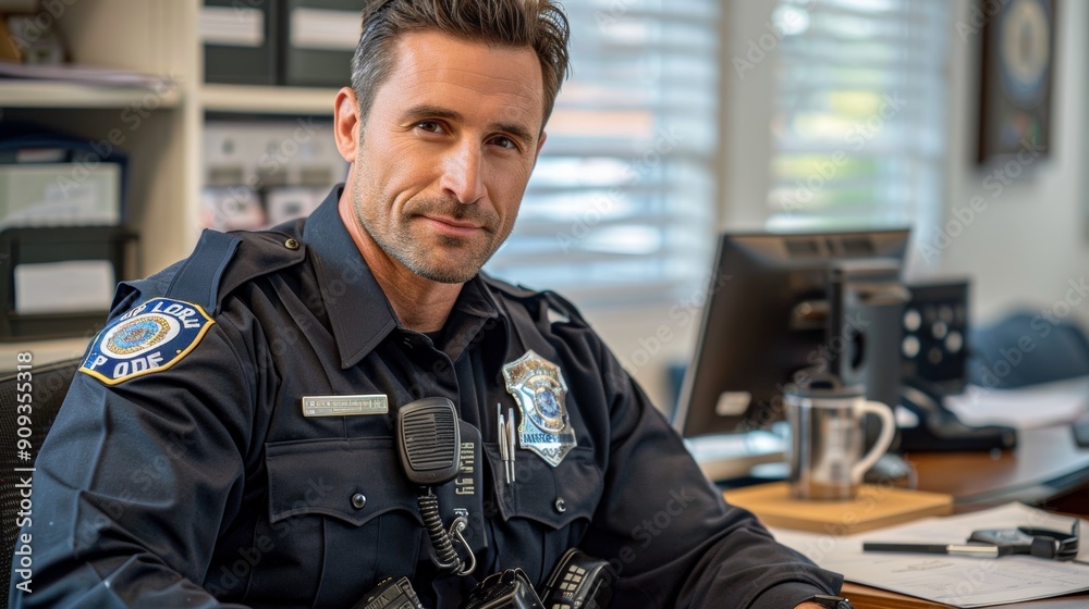 Police Officer Sitting at Desk in Station With Friendly Smile During Daylight Hours Police Officer Sitting at Desk in Station With Friendly Smile During Daylight Hours