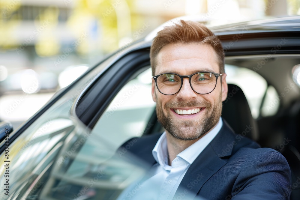 transport, business and people concept - businessman drinking takeaway coffee on back seat of taxi car. Beautiful simple AI generated image in 4K, unique.