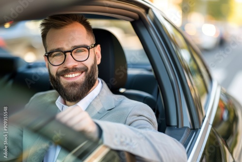transport, business and communication concept - smiling male passenger or businessman using smartphone on back seat of taxi car. Beautiful simple AI generated image in 4K, unique. © ArtSpree