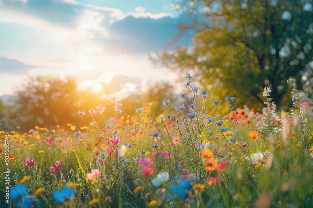 Obraz premium dreamy spring landscape with a foreground of vibrant wildflowers in soft focus sundappled trees and azure sky in the background warm golden hour lighting creates a magical atmosphere