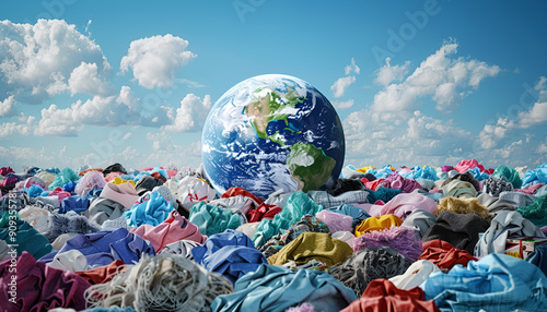 Earth littered with disposable clothes causing global textile pollution and waste accumulation photo