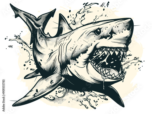 A black and white drawing of a shark with its mouth open. The shark is in the water and he is in a state of aggression