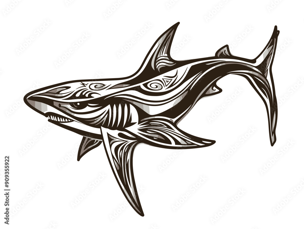 A shark with a tattoo on its body. The shark is black and white A shark with a tattoo on its body. The shark is black and white