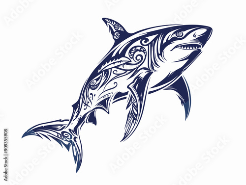 A blue and white shark with a pattern on its tail. The shark is swimming in the ocean