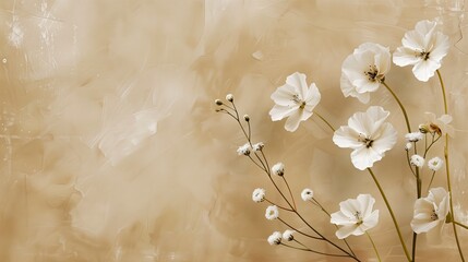 Beautiful white wild flower on deep neutral pastel beige brown background. aesthetic minimal floral composition.