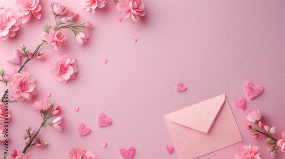Valentine's day background. pink flowers envelope hearts on pastel pink background. valentines day concept. flat lay top view copy space. Valentine's day background. pink flowers envelope hearts on pastel pink background. valentines day concept. flat lay top view copy space.