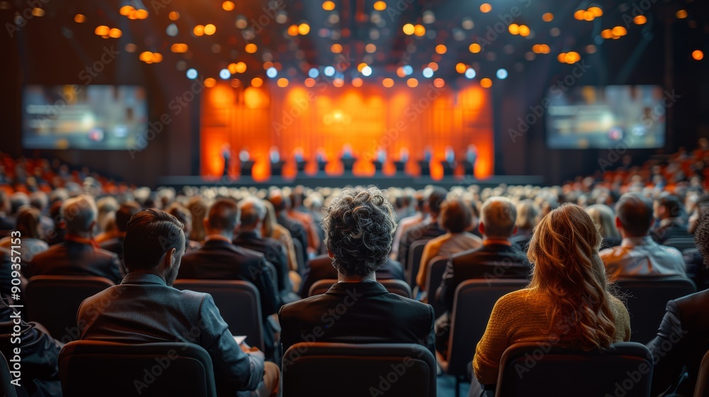 Audience Engaged at a Major Conference in a Large Venue With Bright Lighting During Evening Hours Audience Engaged at a Major Conference in a Large Venue With Bright Lighting During Evening Hours