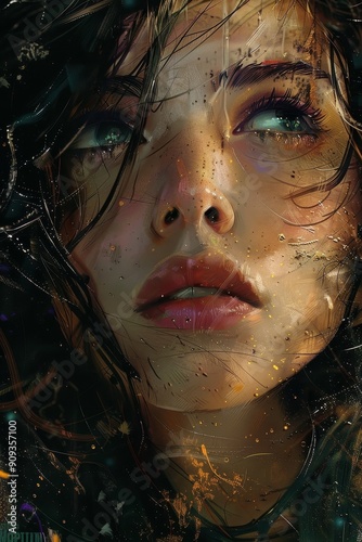 Close-up Portrait of a Woman with Wet Hair and Golden Specks